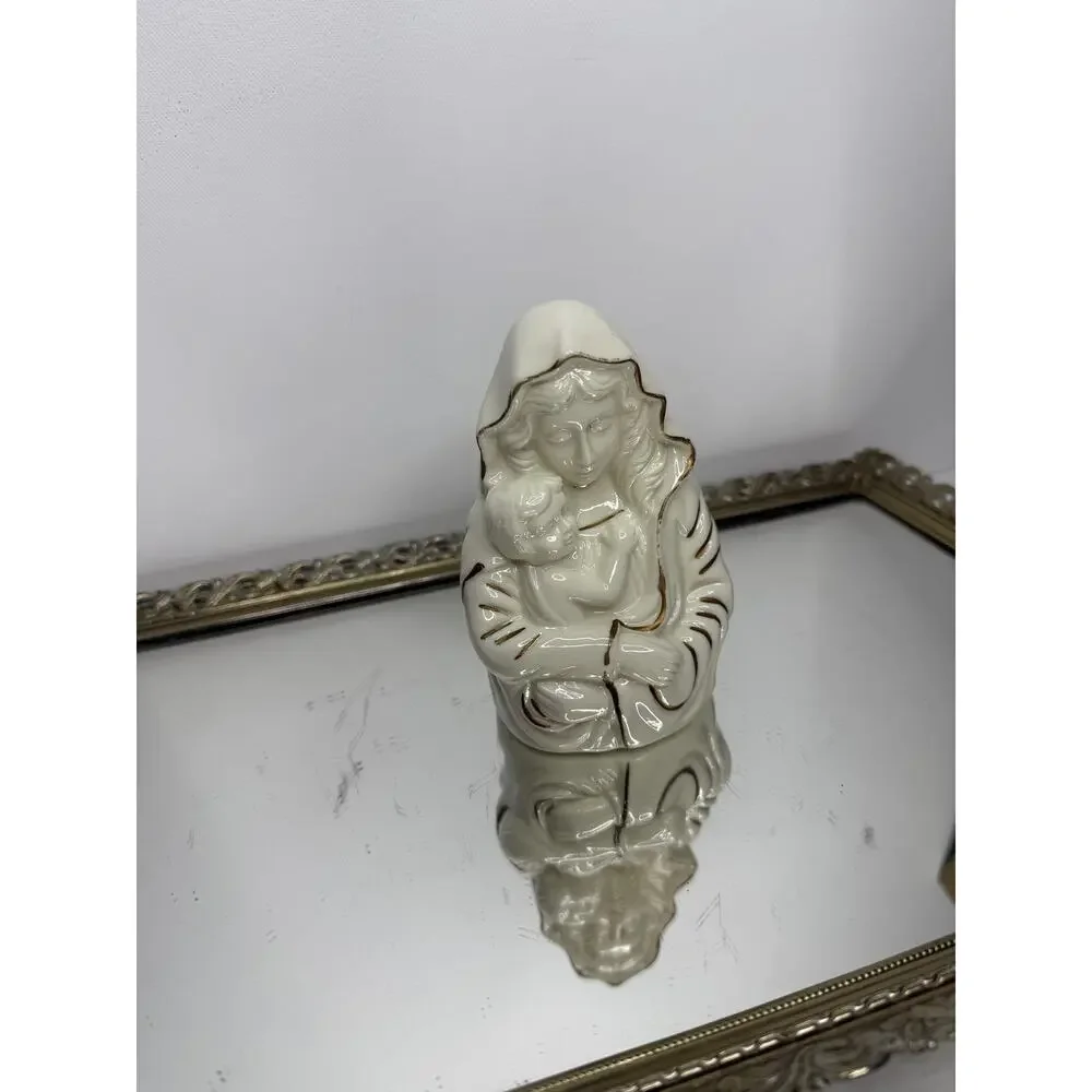 VTG MIKASA Madonna with Child Porcelain 5” Tall Figurine Ivory w/Gold Trim